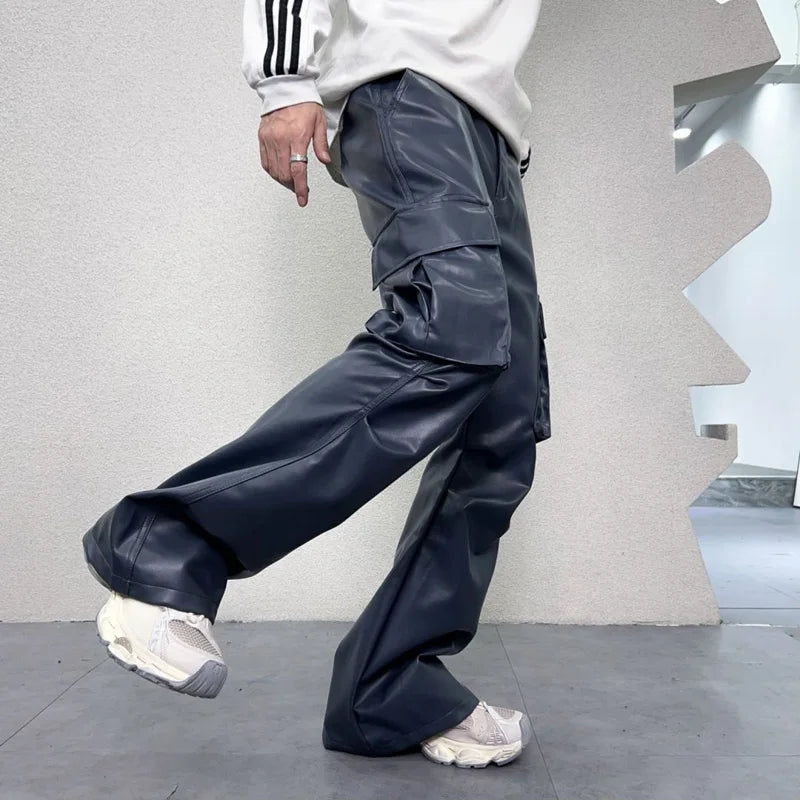 pu leather pants mens streetwear fashion hip hop vibe casual faux leather cargo flared pant men motorcycle trousers unique cargo style 2935