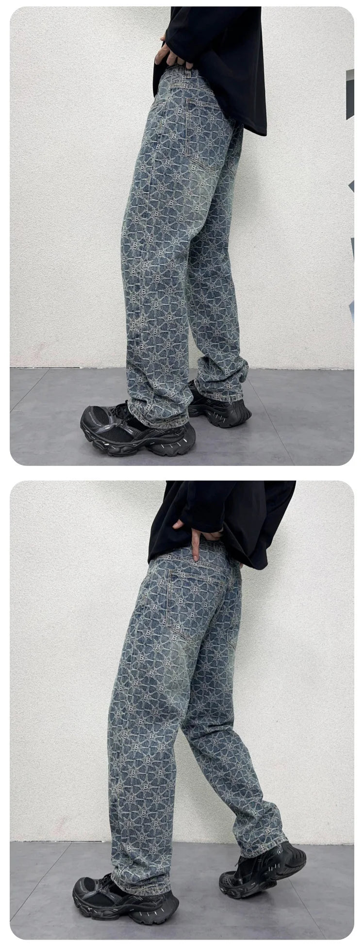 men jacquard streetwear hip hop vibe casual straight denim jeans pants boyfriend high street ripped jeans trousers unique jeans style 3025
