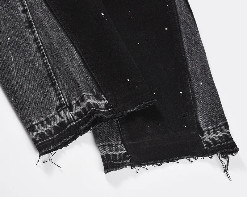 patchwork graffiti black straight denim pants mens vintage patches stitching ink splashed jeans y2k logging cargo pants for male unique cargo style 459