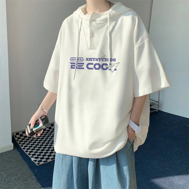 New Men's Casual Hooded Y2K T-Shirt Summer Short Sleeve Letter Printed T Shirts Hombre Oversized Hip Hop Fashion Gym Tee Tops Street King Limited