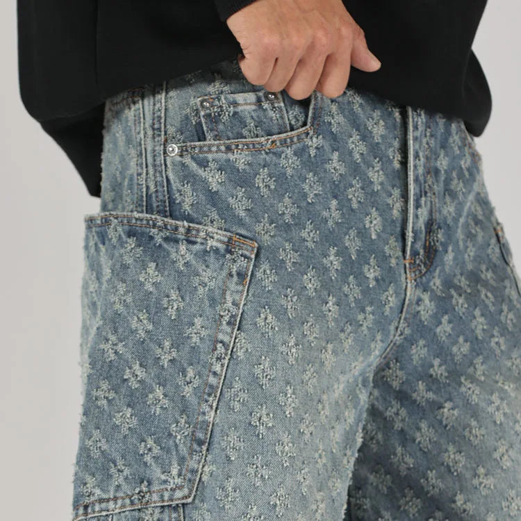 men brand fashion loose casual splice pocket jacquard vintage wide leg baggy jeans cityboy denim baggy jeans pants trousers unique jeans style 2845