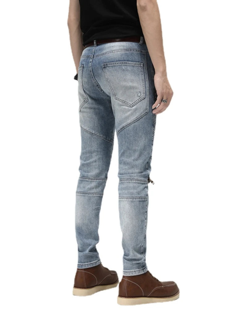 knee zipper patchwork pleated skinny denim jeans men casual slim biker trousers jeans fashion streetwear hip hop pants joggers casual joggers