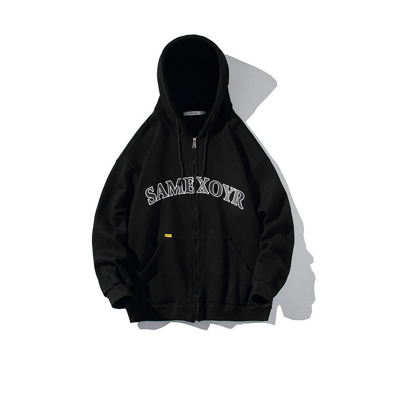 Alphabet-print Hooded Cardigan Sweater On White Street King Apparel