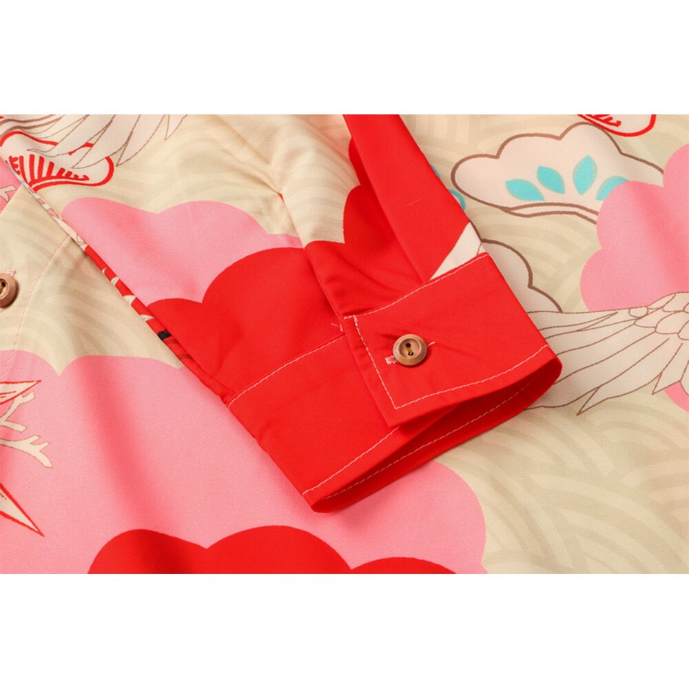 "Red Crane" Unisex Men Women Streetwear Graphic Button Up Shirt - Street King Apparel