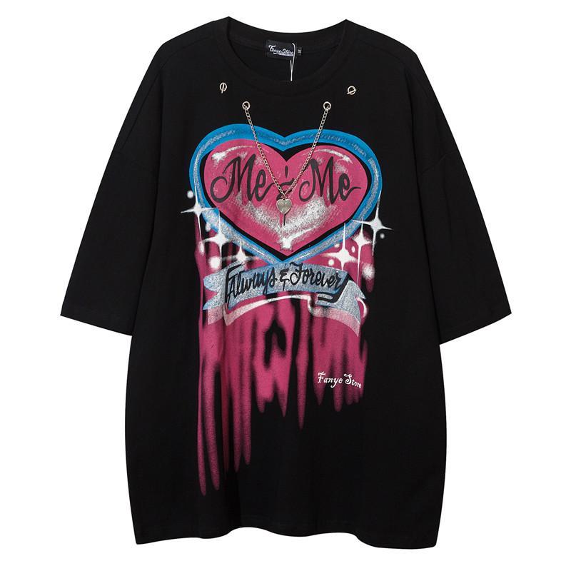 New Black Gothic T-Shirt Mens Casual Autumn Tops Tee Heart Print T Shirt Fashion Japan Loose Couple Funny Tshirt Streetwear Boys Daulet Apparel