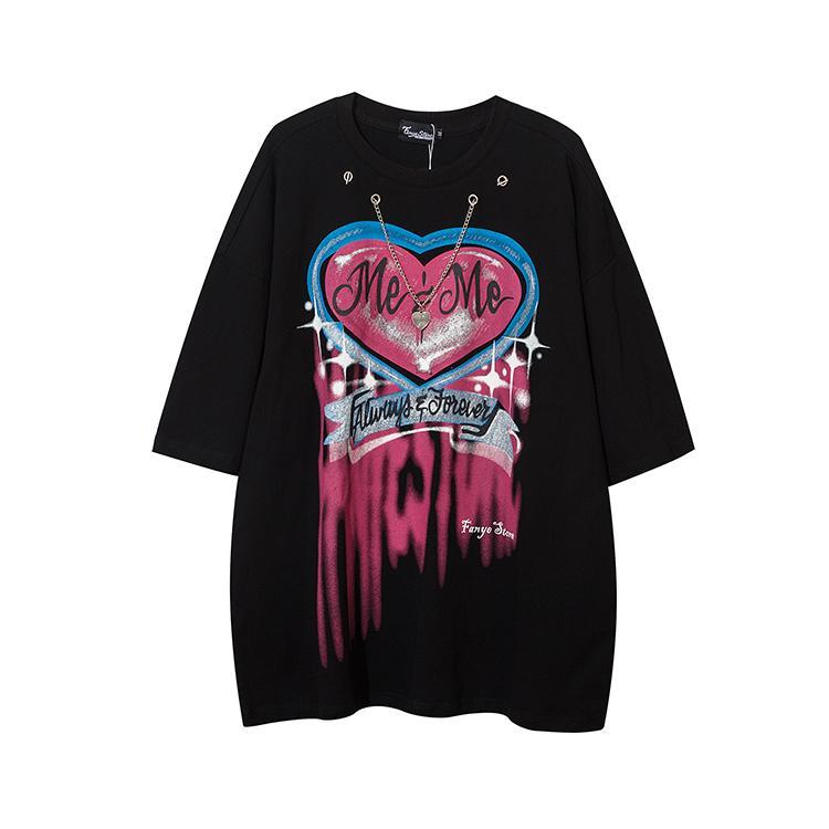 New Black Gothic T-Shirt Mens Casual Autumn Tops Tee Heart Print T Shirt Fashion Japan Loose Couple Funny Tshirt Streetwear Boys Daulet Apparel