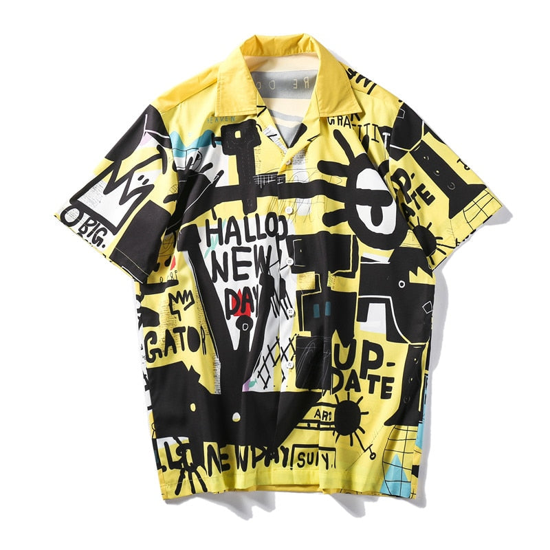 "Retro Style Graffiti" Unisex Men Women Streetwear Button Shirt - Street King Apparel