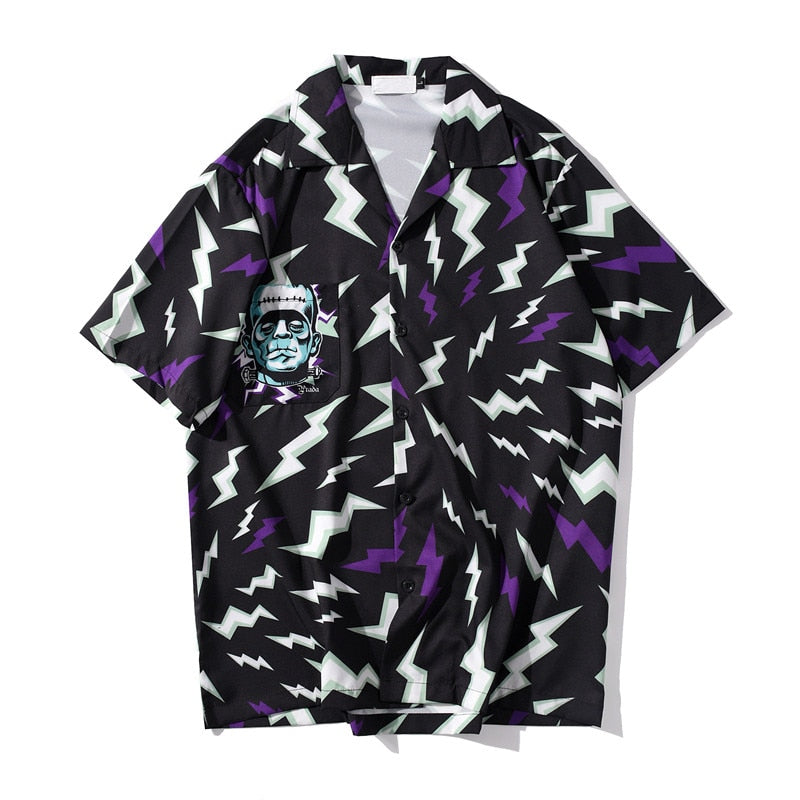 "Lighting Print" Unisex Men Women Streetwear Graphic Button Shirt - Street King Apparel