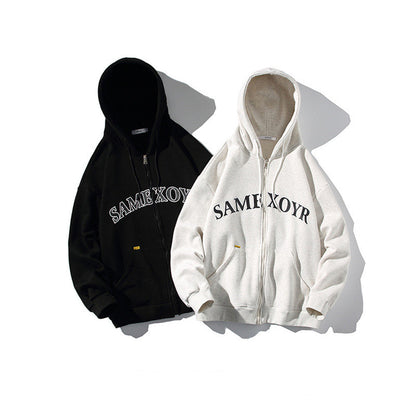 Alphabet-print Hooded Cardigan Sweater On White Street King Apparel