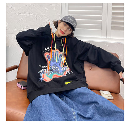 Women's Loose Bf Street Vintage Palm Print Hoodie Street King Apparel