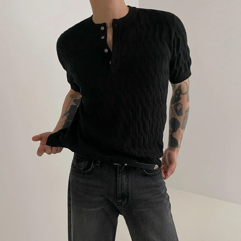 Mens Henry Collar Casual Knitted T-Shirt Genderless 2024 New Fashion Twist Pattern Comfort Solid Color Short Sleeve Top Unisex Street King Limited