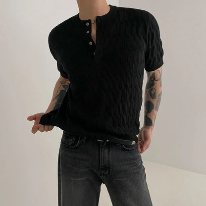 Mens Henry Collar Casual Knitted T-Shirt Genderless 2024 New Fashion Twist Pattern Comfort Solid Color Short Sleeve Top Unisex Street King Limited