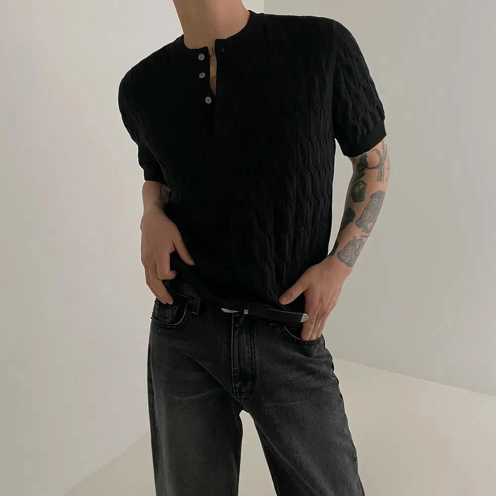 Mens Henry Collar Casual Knitted T-Shirt Genderless 2024 New Fashion Twist Pattern Comfort Solid Color Short Sleeve Top Unisex Street King Limited