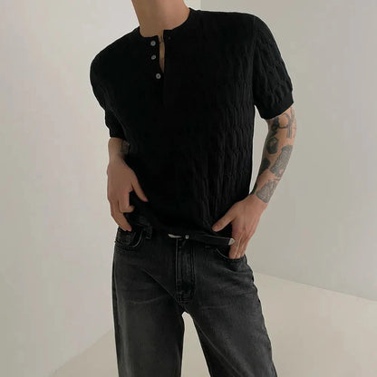 Mens Henry Collar Casual Knitted T-Shirt Genderless 2024 New Fashion Twist Pattern Comfort Solid Color Short Sleeve Top Unisex Street King Limited