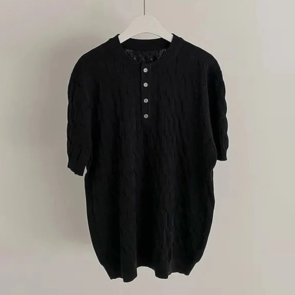 Mens Henry Collar Casual Knitted T-Shirt Genderless 2024 New Fashion Twist Pattern Comfort Solid Color Short Sleeve Top Unisex Street King Limited