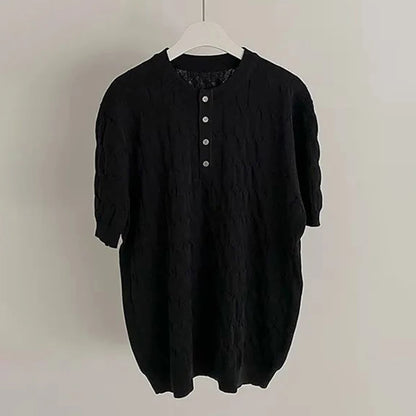 Mens Henry Collar Casual Knitted T-Shirt Genderless 2024 New Fashion Twist Pattern Comfort Solid Color Short Sleeve Top Unisex Street King Limited