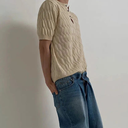 Mens Henry Collar Casual Knitted T-Shirt Genderless 2024 New Fashion Twist Pattern Comfort Solid Color Short Sleeve Top Unisex Street King Limited