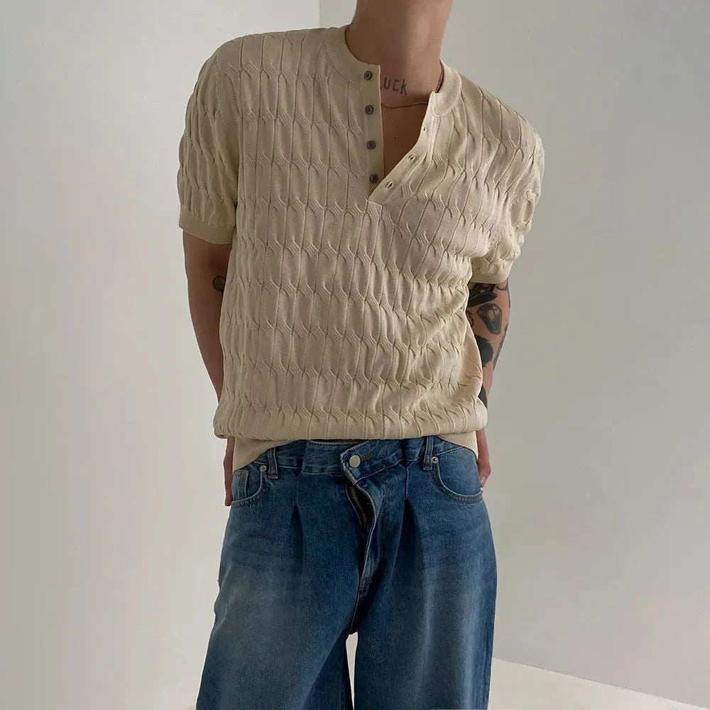 Mens Henry Collar Casual Knitted T-Shirt Genderless 2024 New Fashion Twist Pattern Comfort Solid Color Short Sleeve Top Unisex Street King Limited