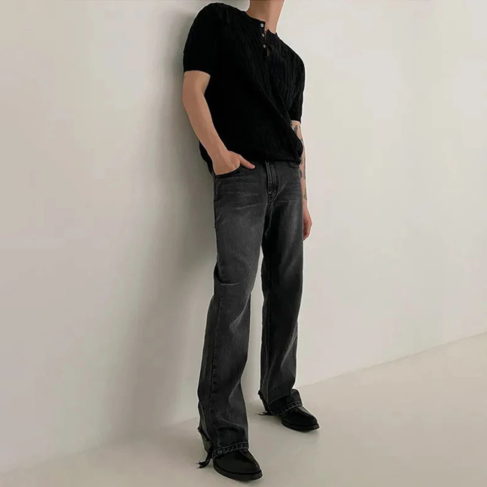 Mens Henry Collar Casual Knitted T-Shirt Genderless 2024 New Fashion Twist Pattern Comfort Solid Color Short Sleeve Top Unisex Street King Limited