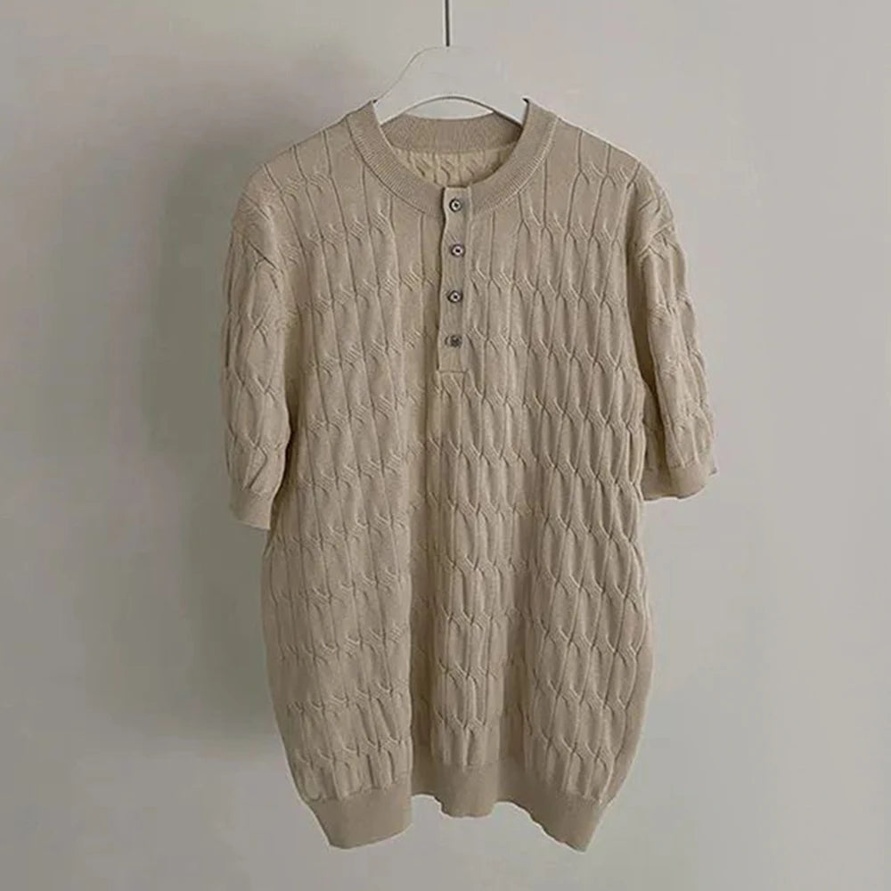 Mens Henry Collar Casual Knitted T-Shirt Genderless 2024 New Fashion Twist Pattern Comfort Solid Color Short Sleeve Top Unisex Street King Limited