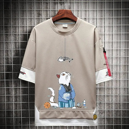 Hip Hop Kahaki T Shirt Short Sleeve Kawaii Harajuku Cat T Shirts Fashion Tee Streetwear Japan High Street Shirt Men 2021 Tops Street King Limited