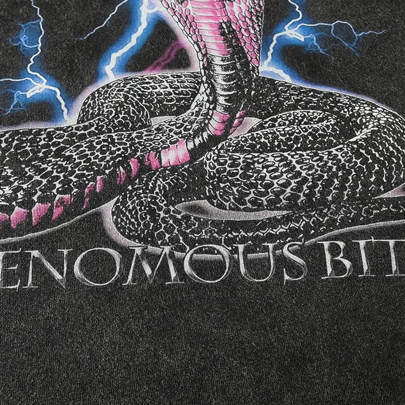 Men Washed T Shirt Hip Hop Streetwear Lightning Snake Print T-Shirt Harajuku Cotton Casual Tshirt Short Sleeve Tops Tees Black Street King Limited