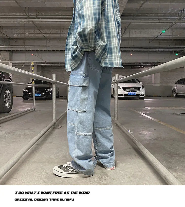 men jeans wide leg denim pants loose straight baggy mens jeans hip hop streetwear skateboard neutral denim trousers cargo jeans unique cargo style 2473