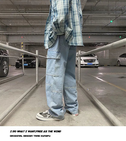 men jeans wide leg denim pants loose straight baggy mens jeans hip hop streetwear skateboard neutral denim trousers cargo jeans unique cargo style 2473