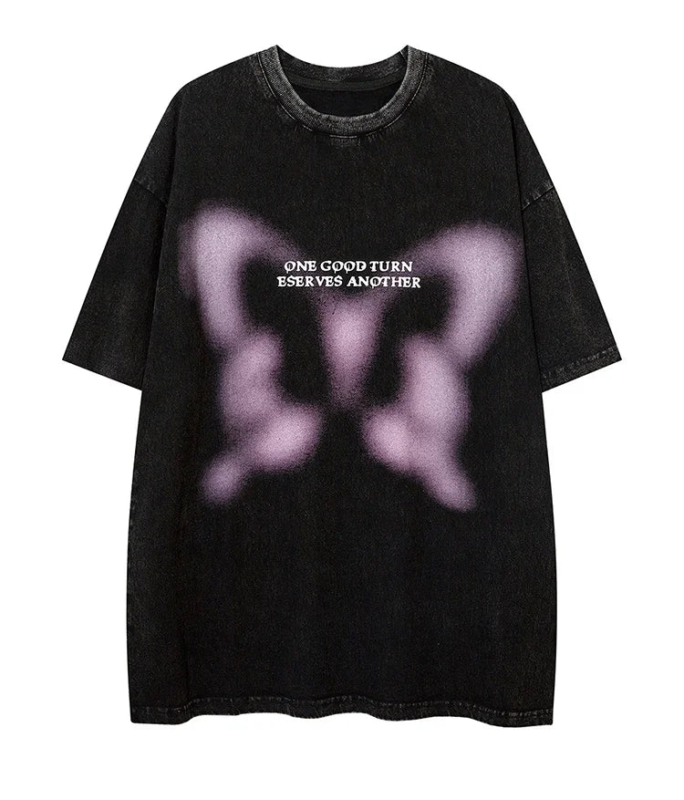 Aolamegs Butterfly Inkjet Letter Print Washed T-shirt Men Short Sleeve Tops Retro High Street Baggy Oversized Tees Shirts Couple Street King Limited