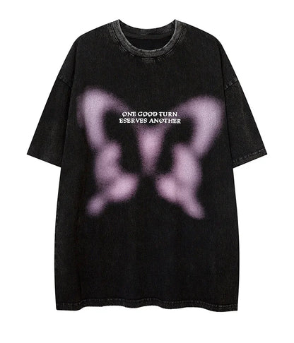 Aolamegs Butterfly Inkjet Letter Print Washed T-shirt Men Short Sleeve Tops Retro High Street Baggy Oversized Tees Shirts Couple Street King Limited