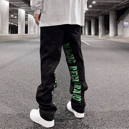 men jeans hip hop letters embroidery denim jeans high street casual loose straight elastic waist joggers hip hop streetwear pant urban active pants