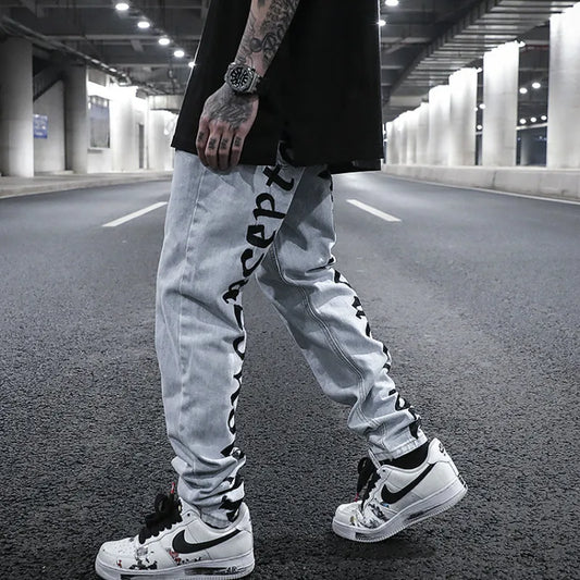 men back letter embroidery denim jean pants fashion slim zipper biker jeans trouser new casual hip hop streetwear pants joggers relaxed fit joggers