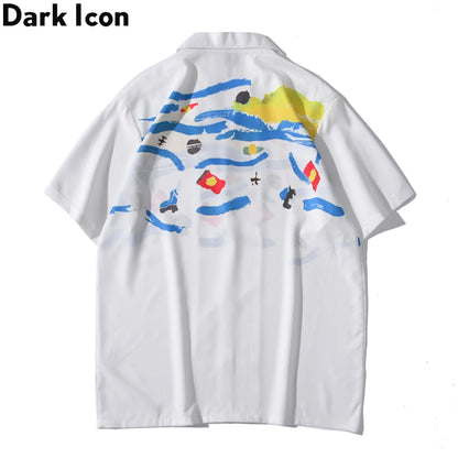 Dark Icon White Graffiti Hawaiian Shirts Street Men's Polo Shirt Summer Light Weight Cool Material Blouse Male Tops Street King Limited