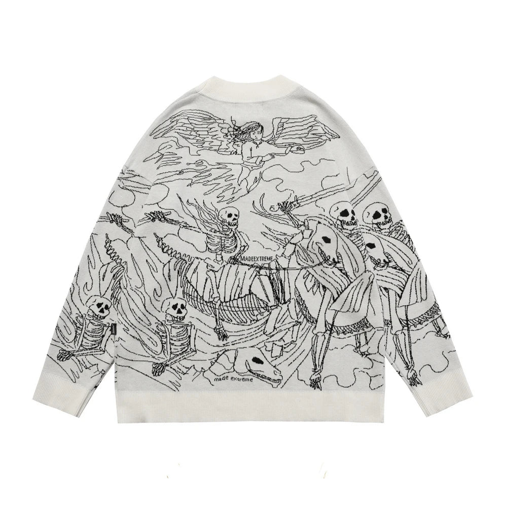 Vintage Knitted Sweater Harajuku Ukiyo-e Style Skull Graffiti Pullover 2021 Autumn Streetwear Sweater Men Women Cotton Knitwear Street King Limited