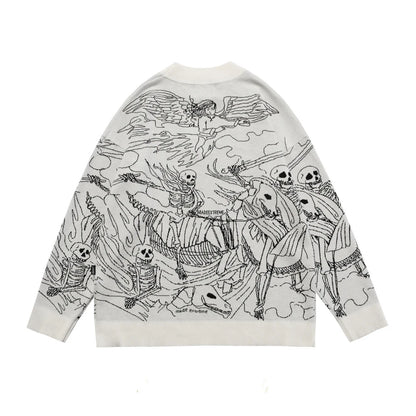 Vintage Knitted Sweater Harajuku Ukiyo-e Style Skull Graffiti Pullover 2021 Autumn Streetwear Sweater Men Women Cotton Knitwear Street King Limited