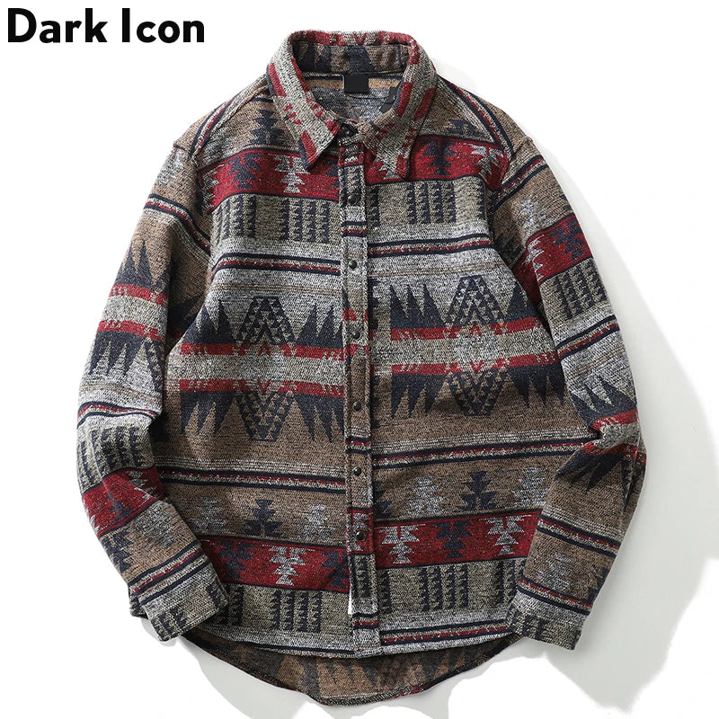 Dark Icon Geometric Stripe Shirts Men Women Long Sleeve Harajuku Woolen Shirts Men Clothing Street King Limited