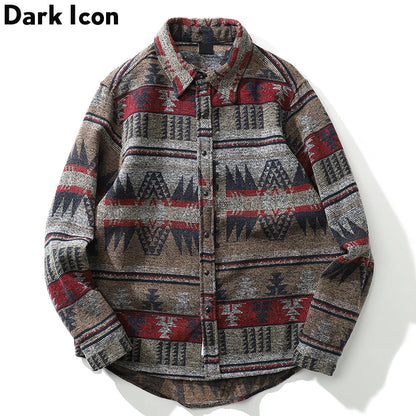 Dark Icon Geometric Stripe Shirts Men Women Long Sleeve Harajuku Woolen Shirts Men Clothing Street King Limited