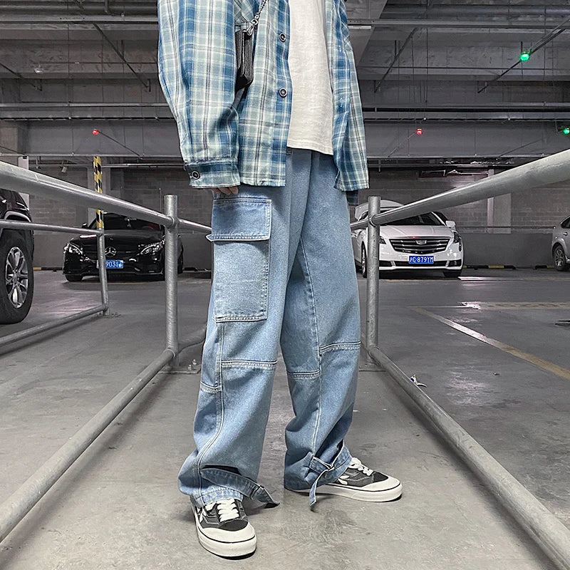 men jeans wide leg denim pants loose straight baggy mens jeans hip hop streetwear skateboard neutral denim trousers cargo jeans utility cargo pants