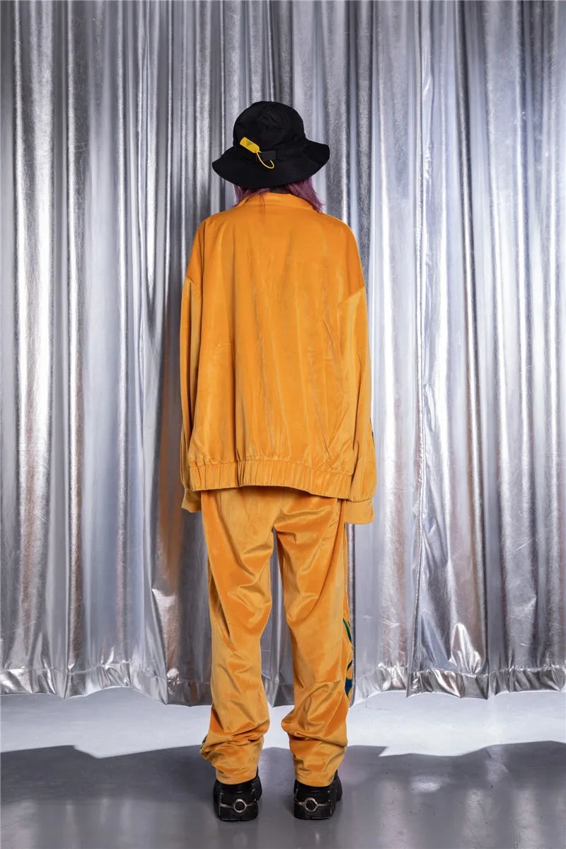 2 pieces set men embroidery velvet zipper jacket and elastic waist loose straight pants sweatsuit hip hop tracksuits sweatsuit relaxed fit trousers