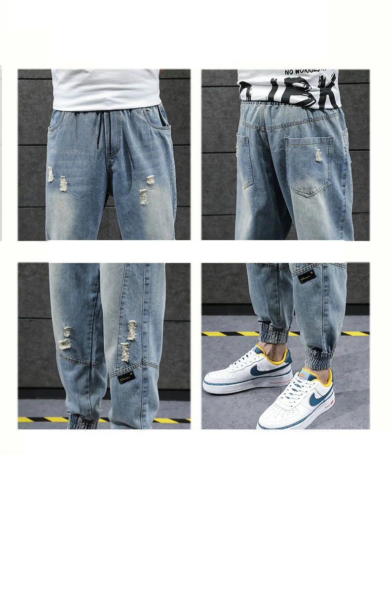 2023 new hip hop harem jeans pants men loose joggers denim casual sweatpants korea ankle length trousers streetwear male clothes unique joggers style 2446