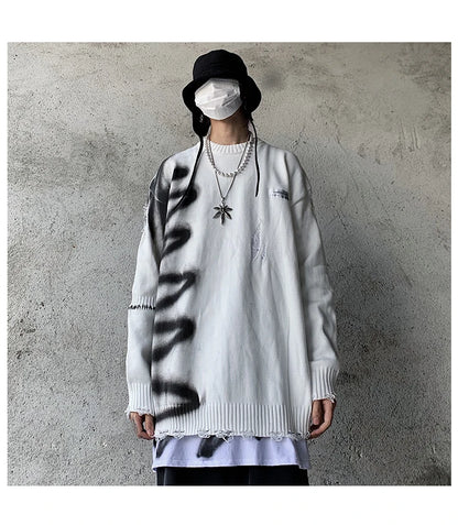 Mens Hip Hop Destroy Ripped Holes Streetwear Graffiti Harajuku Sweater Vintage Retro Knitted Sweater New Casual Cotton Pullover Street King Limited