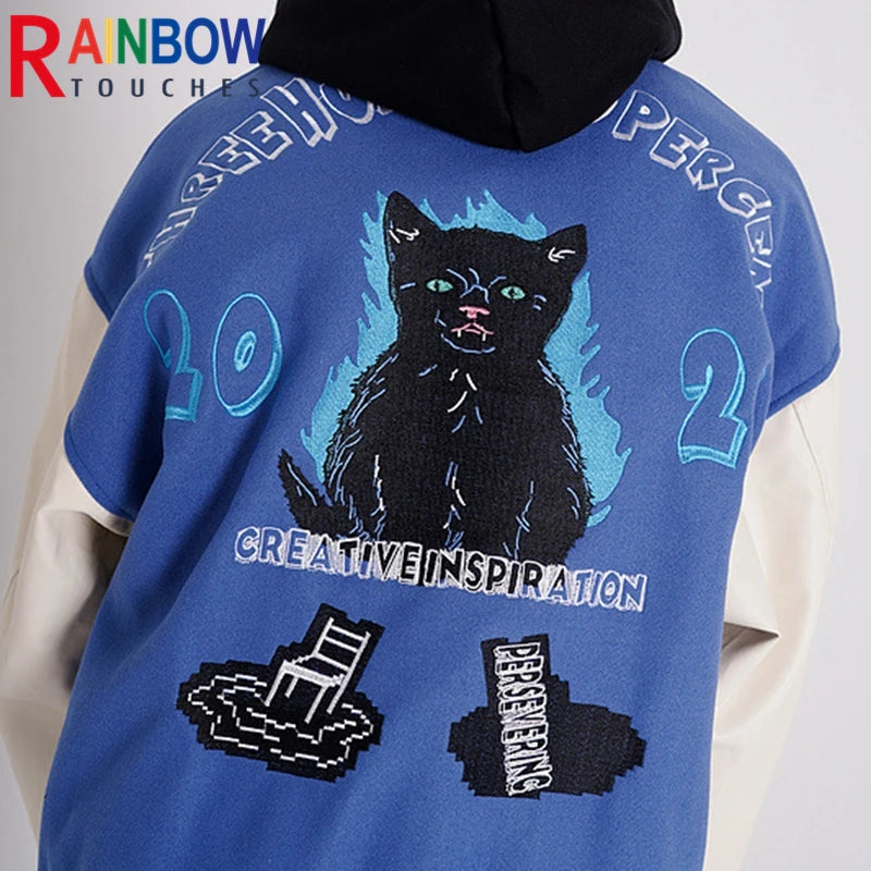rainbowtouches men trendy hiphop embroidered baseball uniform single breasted side pocket high street stitched pu leather jacket clean everyday pants