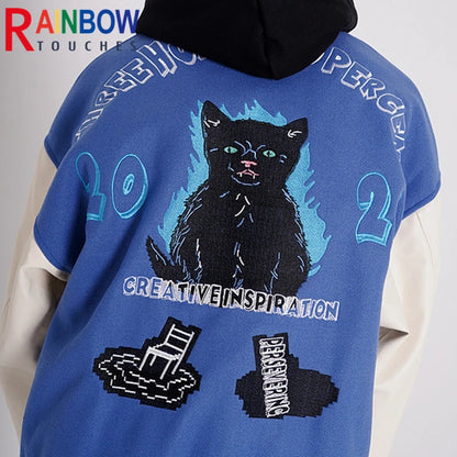 rainbowtouches men trendy hiphop embroidered baseball uniform single breasted side pocket high street stitched pu leather jacket clean everyday pants