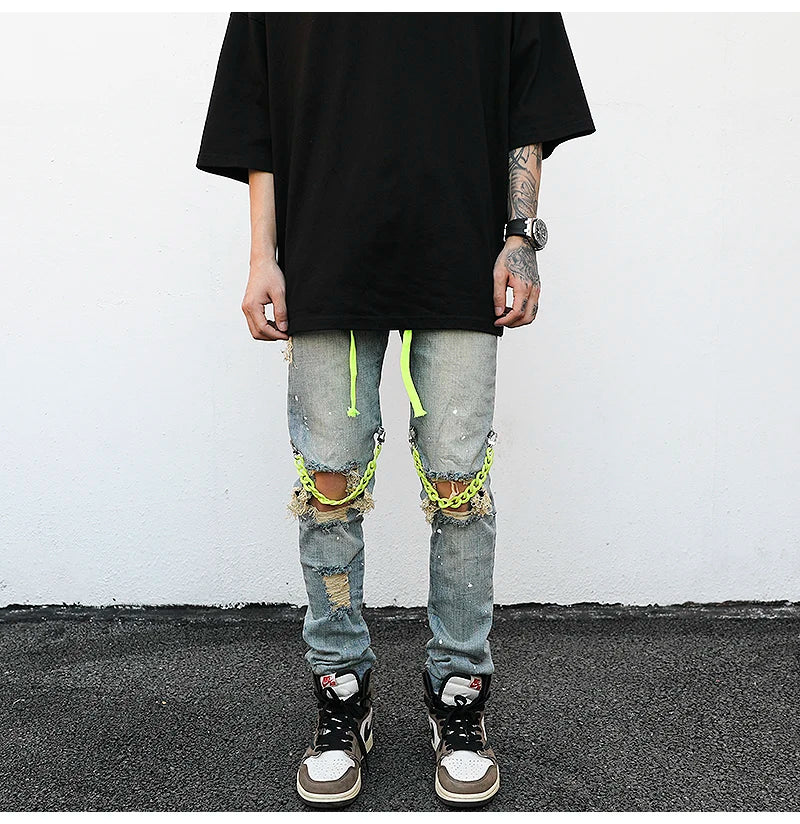 high street knee hole with chain ripped biker jeans mens slim fit denim pants autumn new streetwear casual hip hop pants joggers unique joggers style 3240