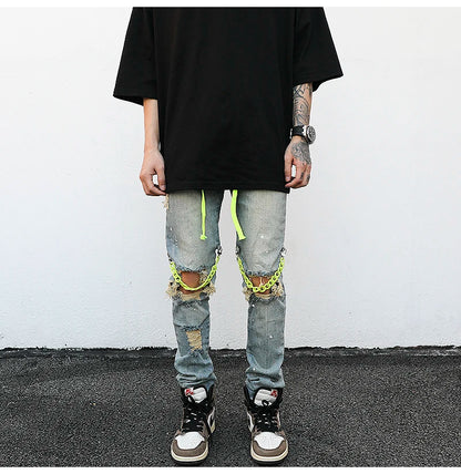 high street knee hole with chain ripped biker jeans mens slim fit denim pants autumn new streetwear casual hip hop pants joggers unique joggers style 3240