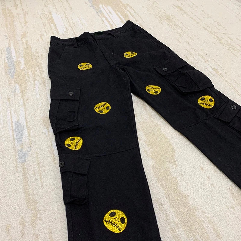 mens high street smilely loose cargo pants casual zipper straight jeans hip hop side pockets loose fit streetwear casual joggers unique joggers style 2482