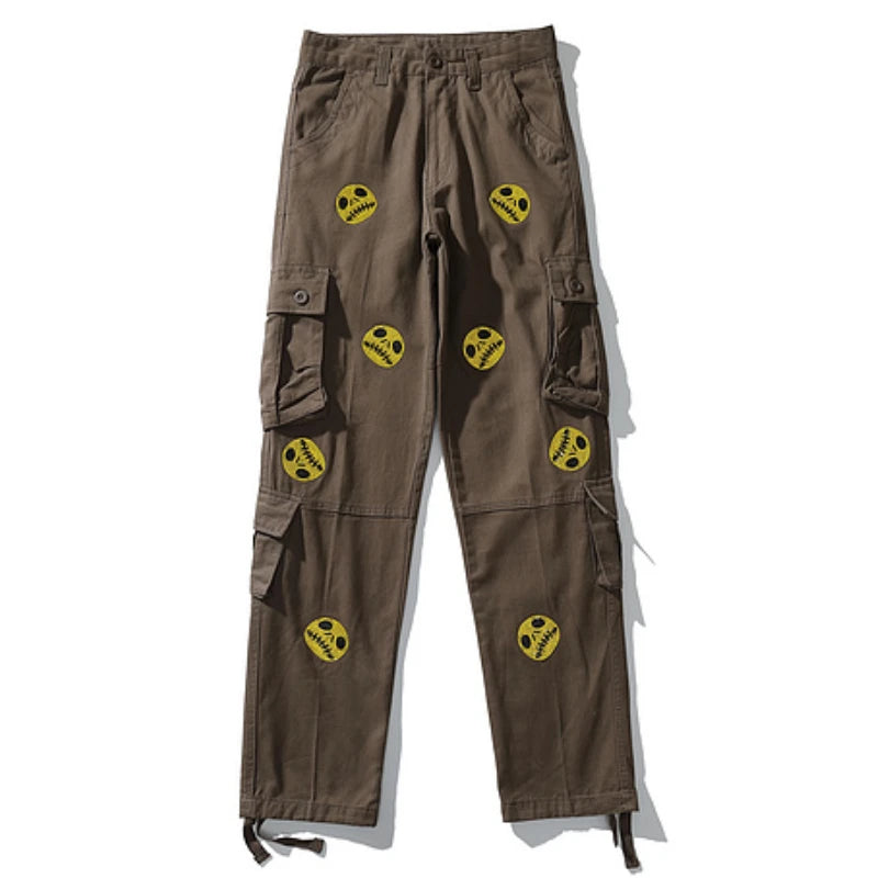 mens high street smilely loose cargo pants casual zipper straight jeans hip hop side pockets loose fit streetwear casual joggers unique joggers style 2462