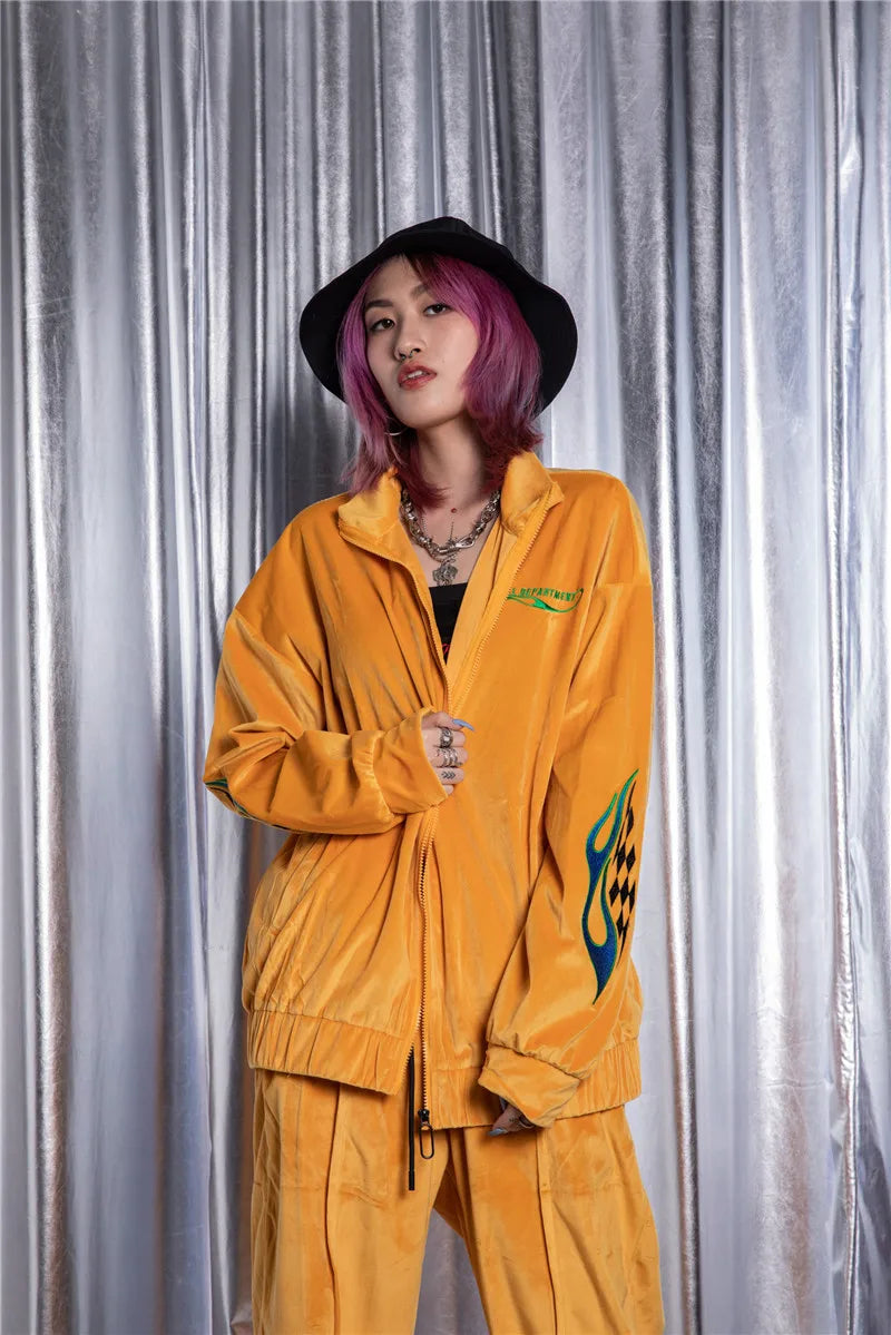 2 pieces set men embroidery velvet zipper jacket and elastic waist loose straight pants sweatsuit hip hop tracksuits sweatsuit unique default style 3303