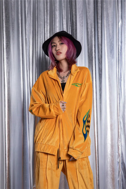 2 pieces set men embroidery velvet zipper jacket and elastic waist loose straight pants sweatsuit hip hop tracksuits sweatsuit unique default style 3303