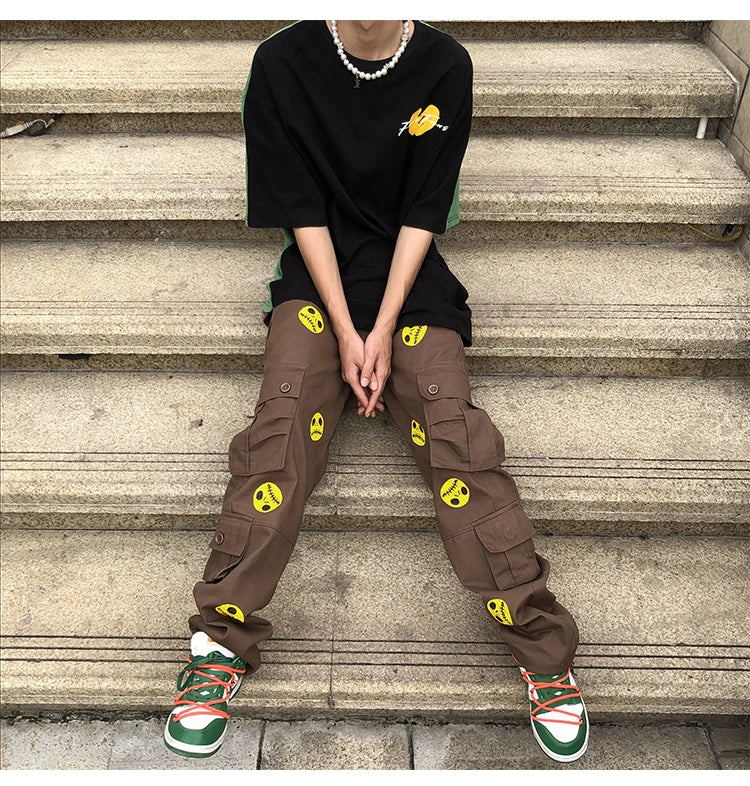mens high street smilely loose cargo pants casual zipper straight jeans hip hop side pockets loose fit streetwear casual joggers unique joggers style 2471